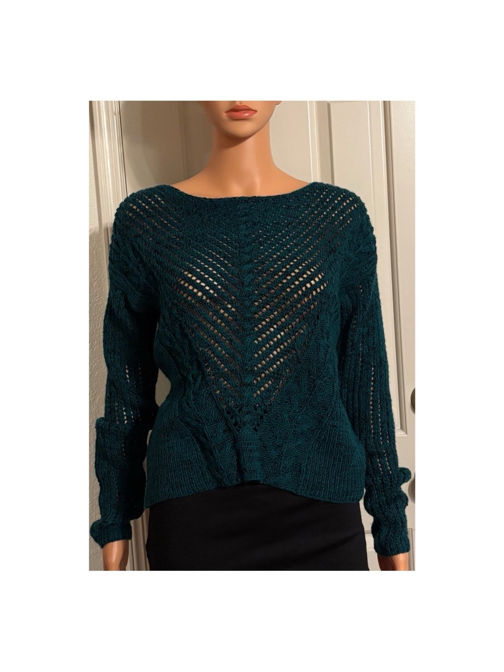Open Weave Crewneck Sweater in Teal